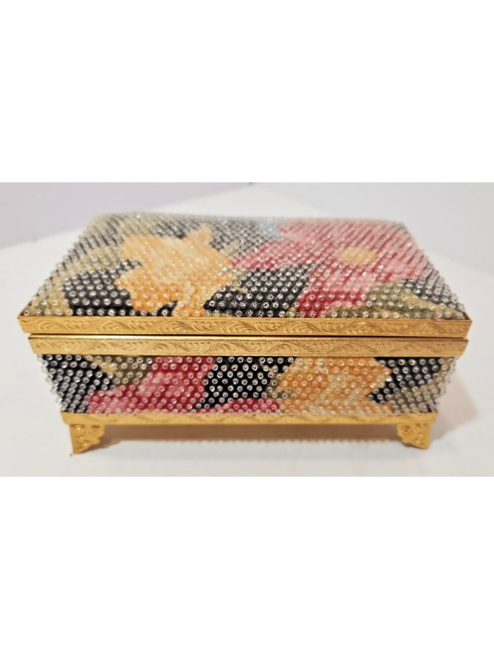 Vintage Gold Metal Beaded Floral Music Box Red Velvet Interior Works